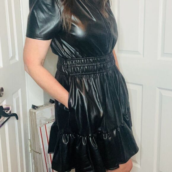 GREY COLLECTIVE Faux Leather Mini Dress Black Fit and Flare Ruffle Smocked M NWT - Picture 5 of 13